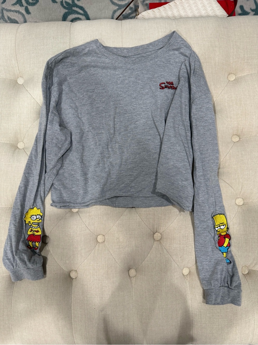 Long Sleeve Gray Cropped Tee with Simpsons Embroidery